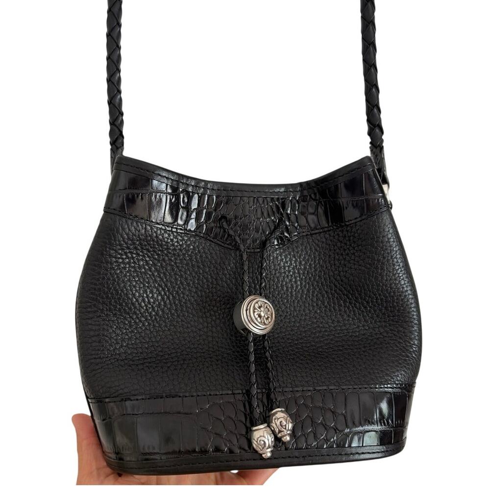 Vintage BRIGHTON Black Leather Croc Embossed Small Drawstring Bucket Shoulder